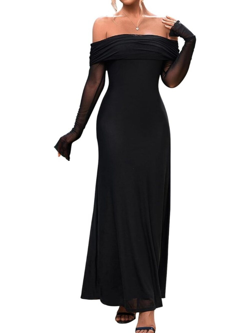 Women's Black Off Shoulder Long Sleeve Formal Wedding Guest Maxi Party Dresses